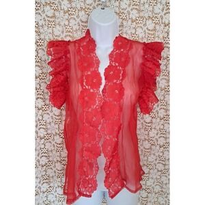 Alana Gale Sheer Cover Up M Red Lingerie Robe Ruffled Lace Chiffon Sexy Vintage
